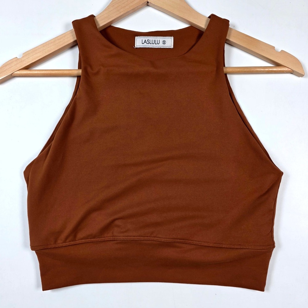LASLULU Crop Tank Top Womens Small Rust Brown High Neck Athletic Yoga‎ Workout